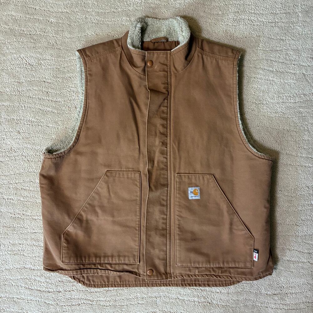 Carhartt Fire Resistant Mens XL Duck Canvas Wool Sherpa Mock Neck Vest Workwear